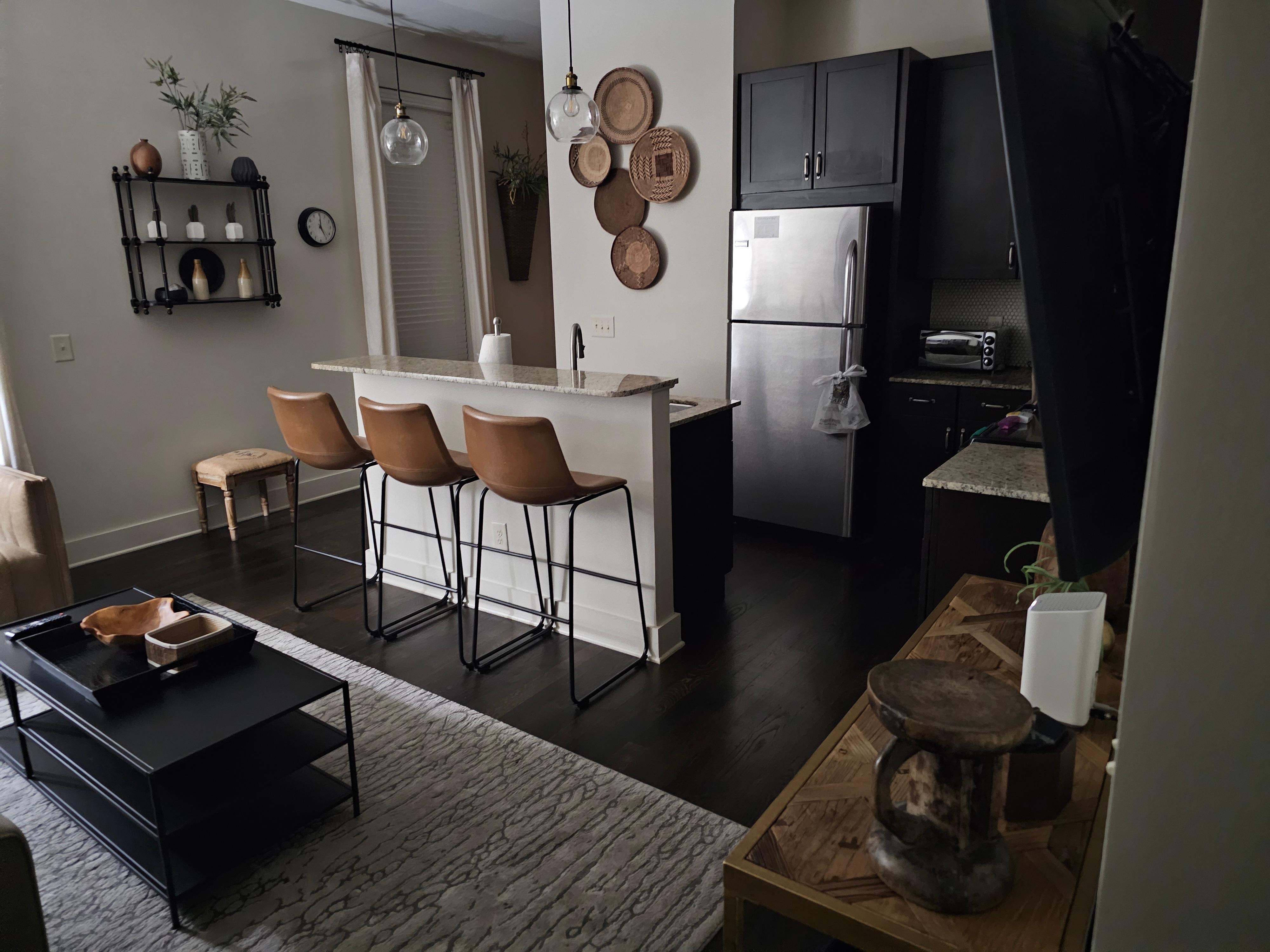 Kitchen and living room at night