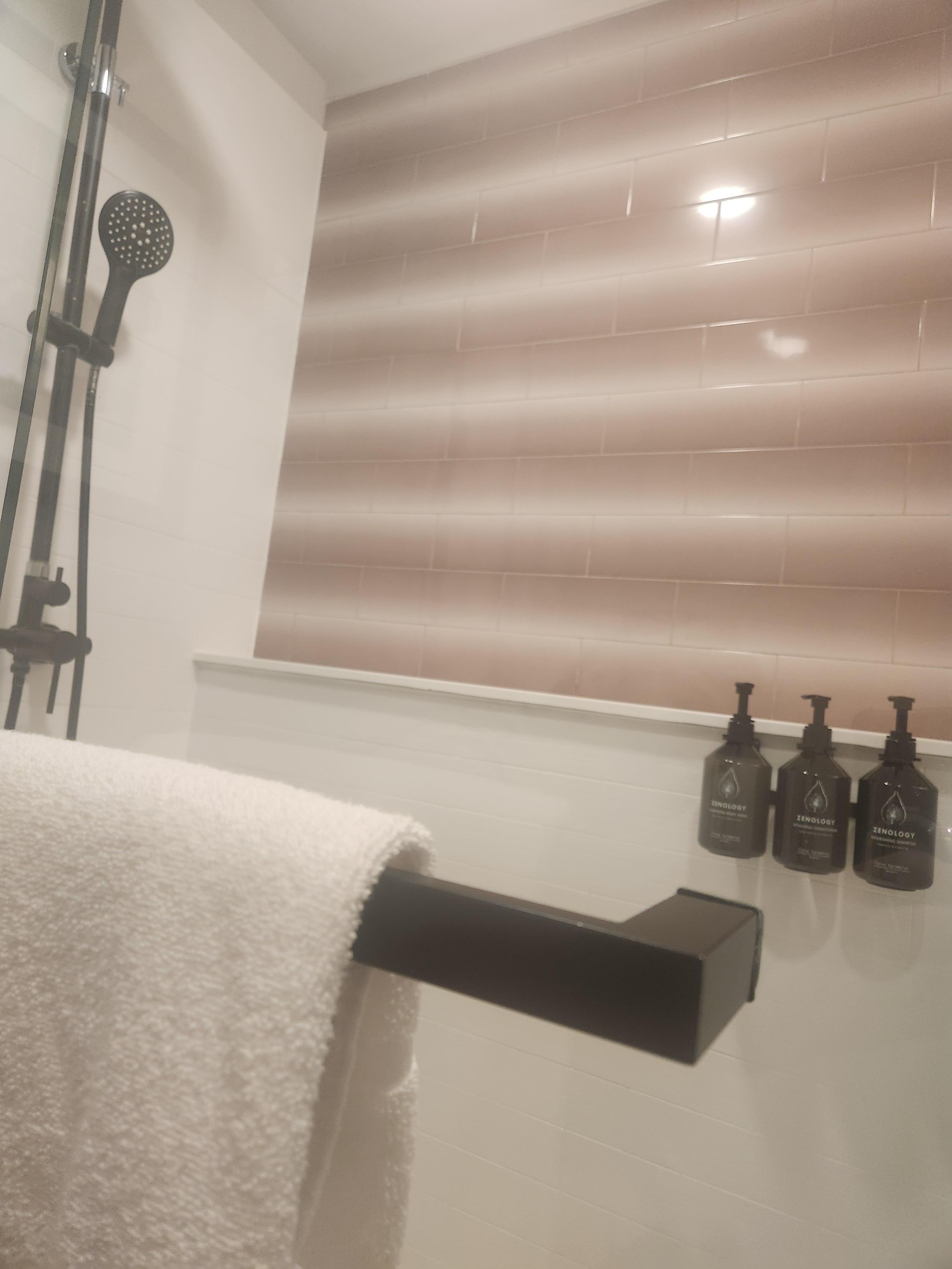 Large walk-in shower with a rainfall shower head plus a hand held one, shampoo, conditioner and body wash dispensers wall mounted and all full. 