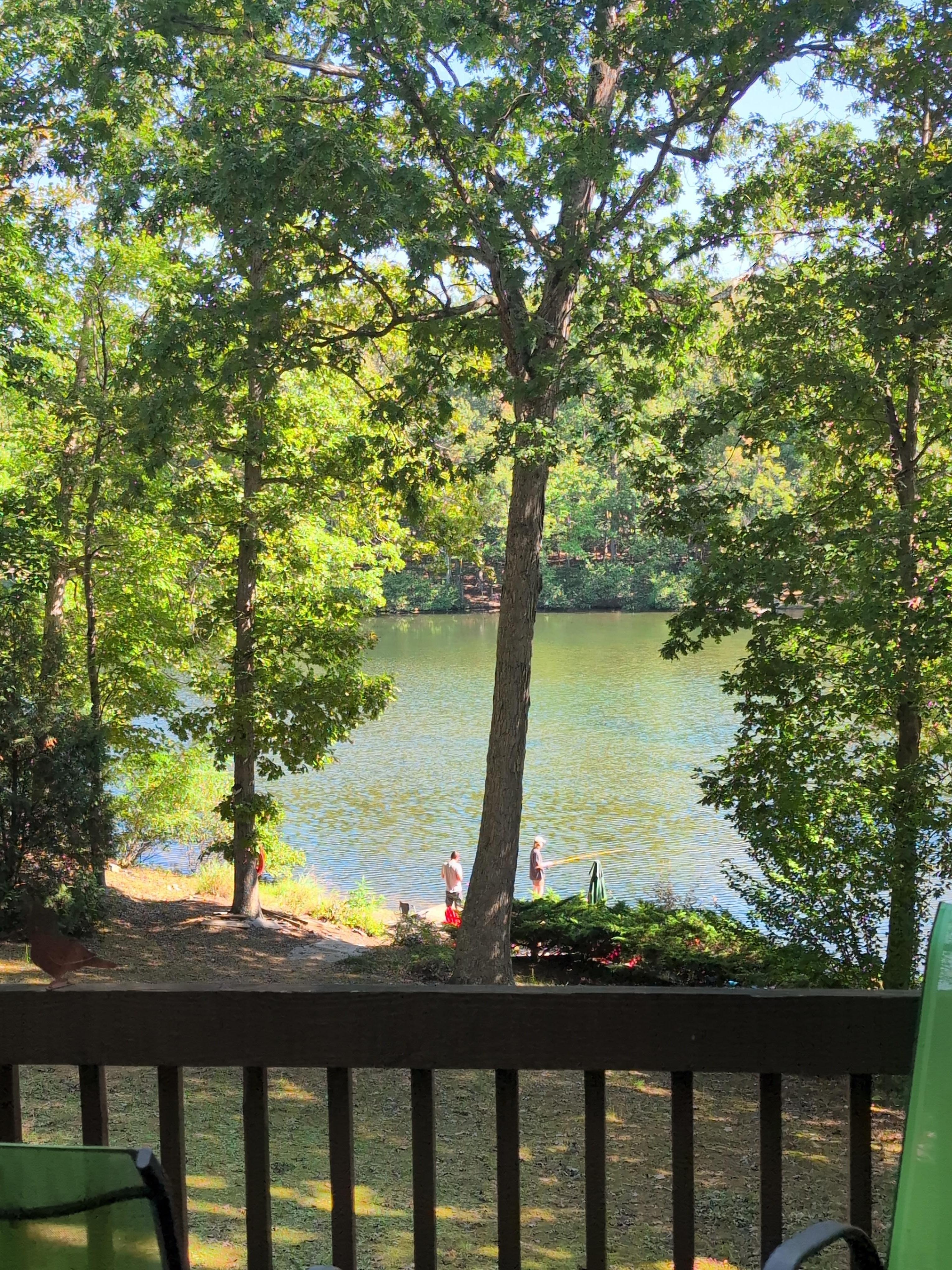 View of the lake/stone pier from the deck