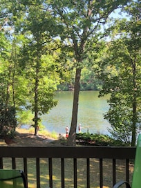View of the lake/stone pier from the deck