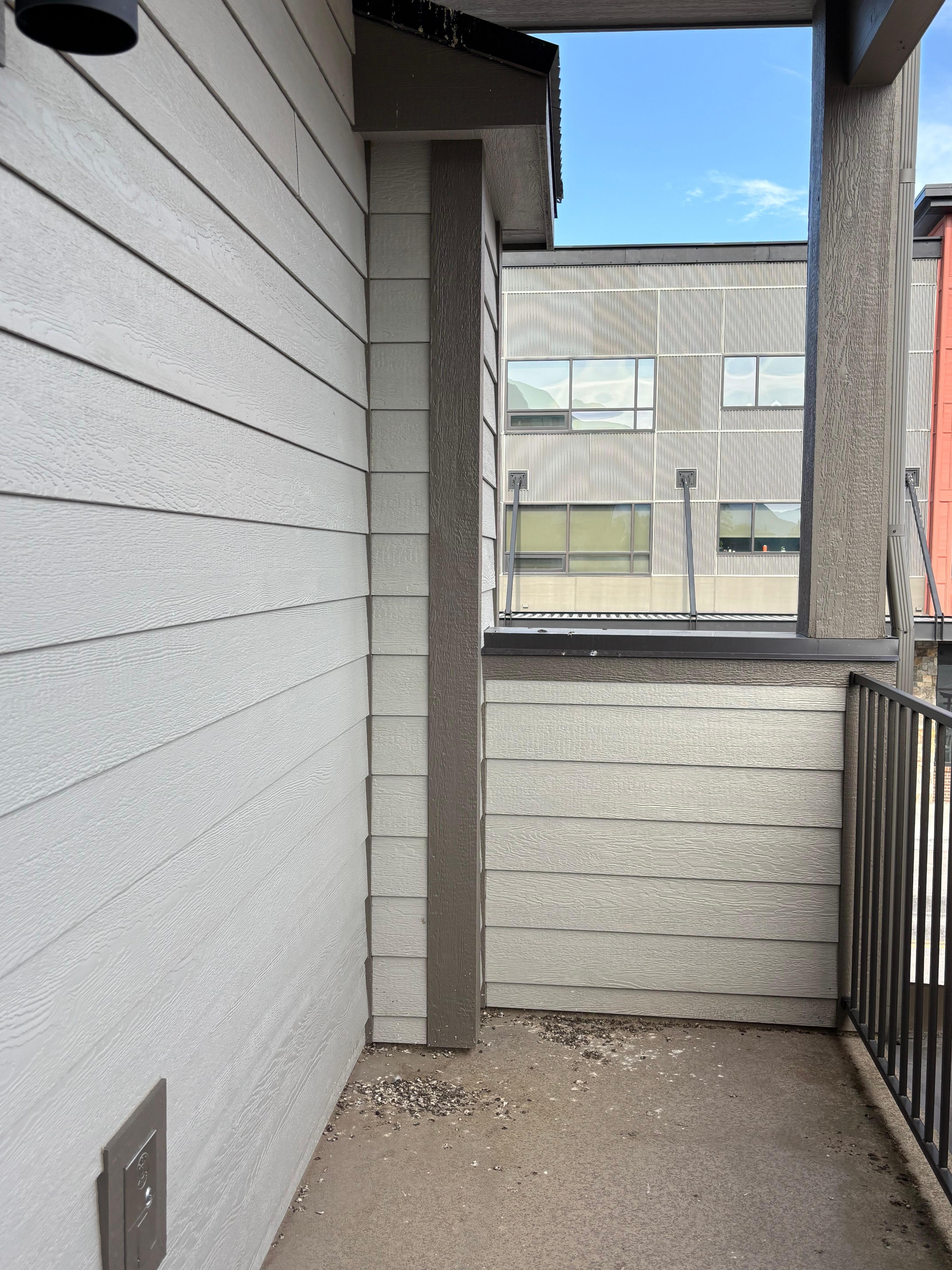 Private balcony with bird residents and no furniture 