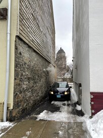 Exiting the parking lot - very narrow but just fine for our little car