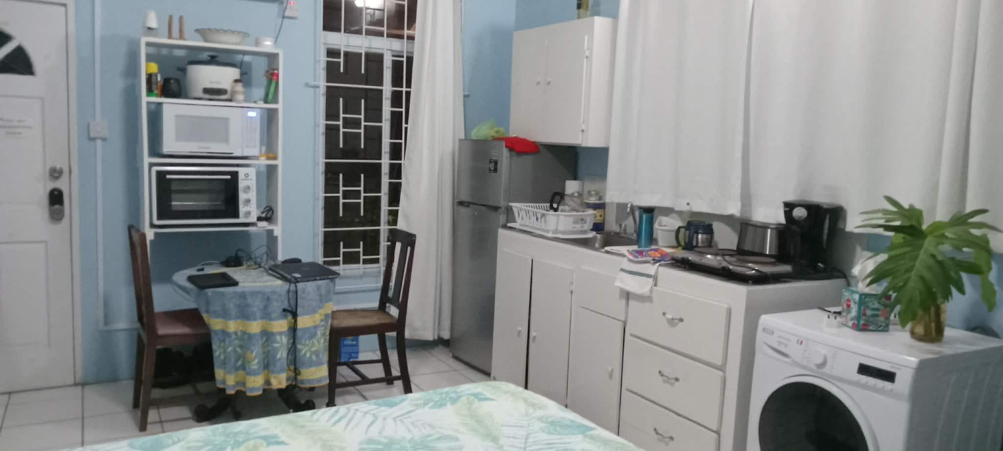 Dining table, shelf with microwave and toaster oven, sink, cupboards, coffee pot, toaster and washer/dryer.