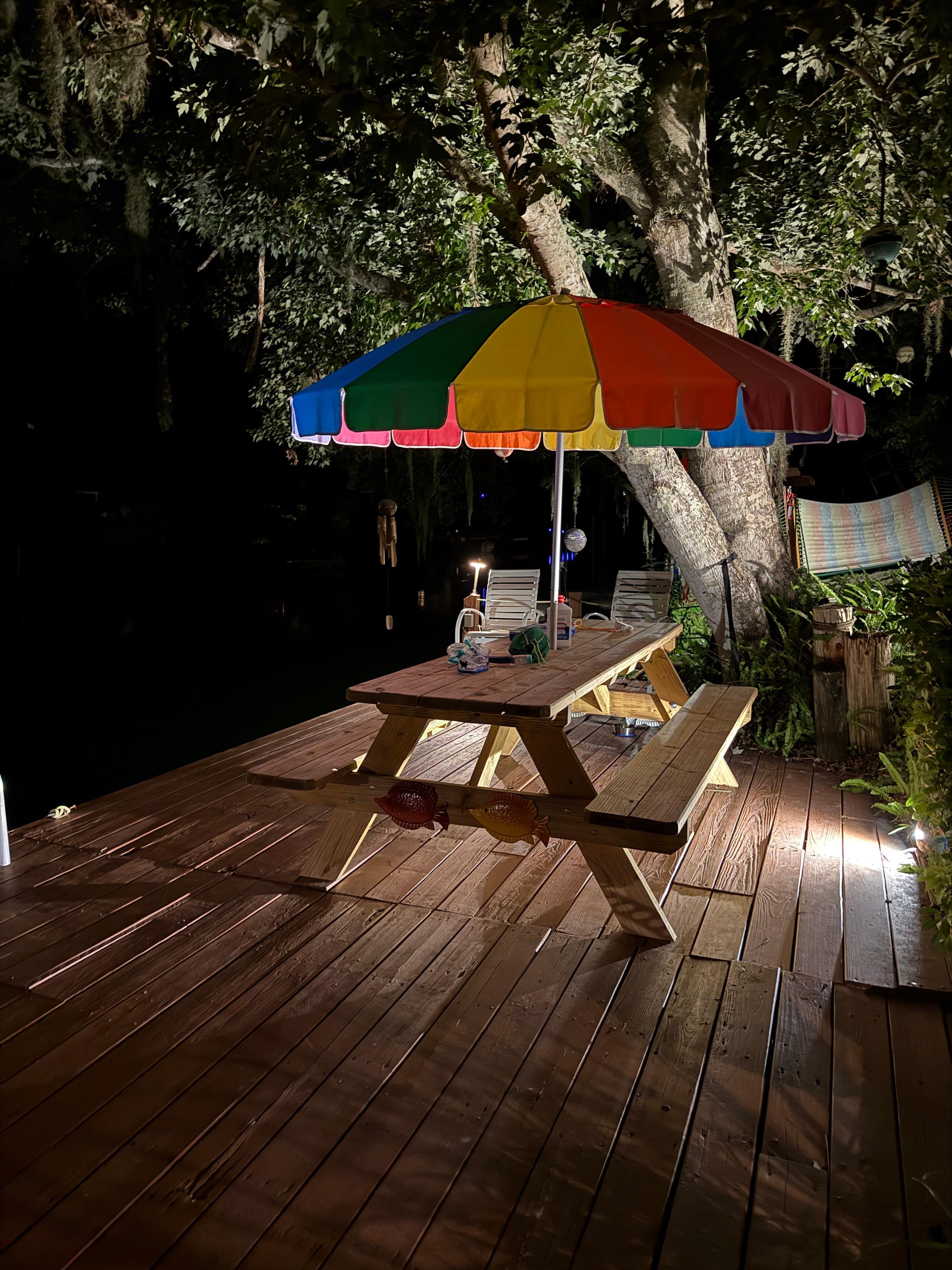 Night time view of Dock on the river. 