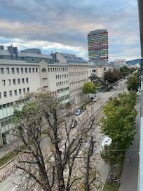 View from our balcony to the right where the grocery store and underground subway system were located.