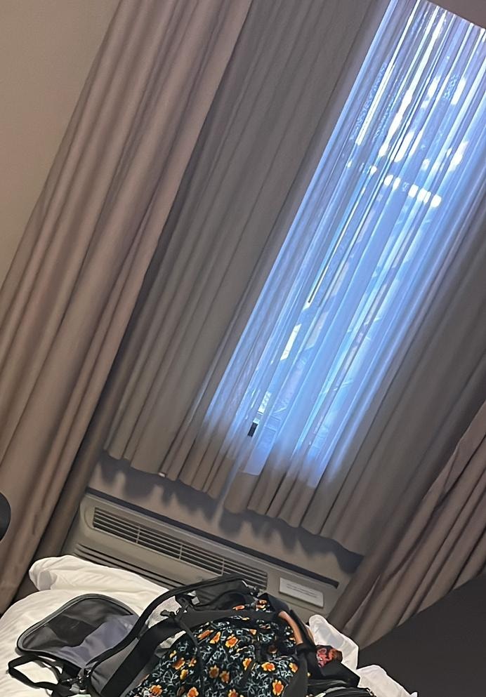 See through curtains with staircase outside.
