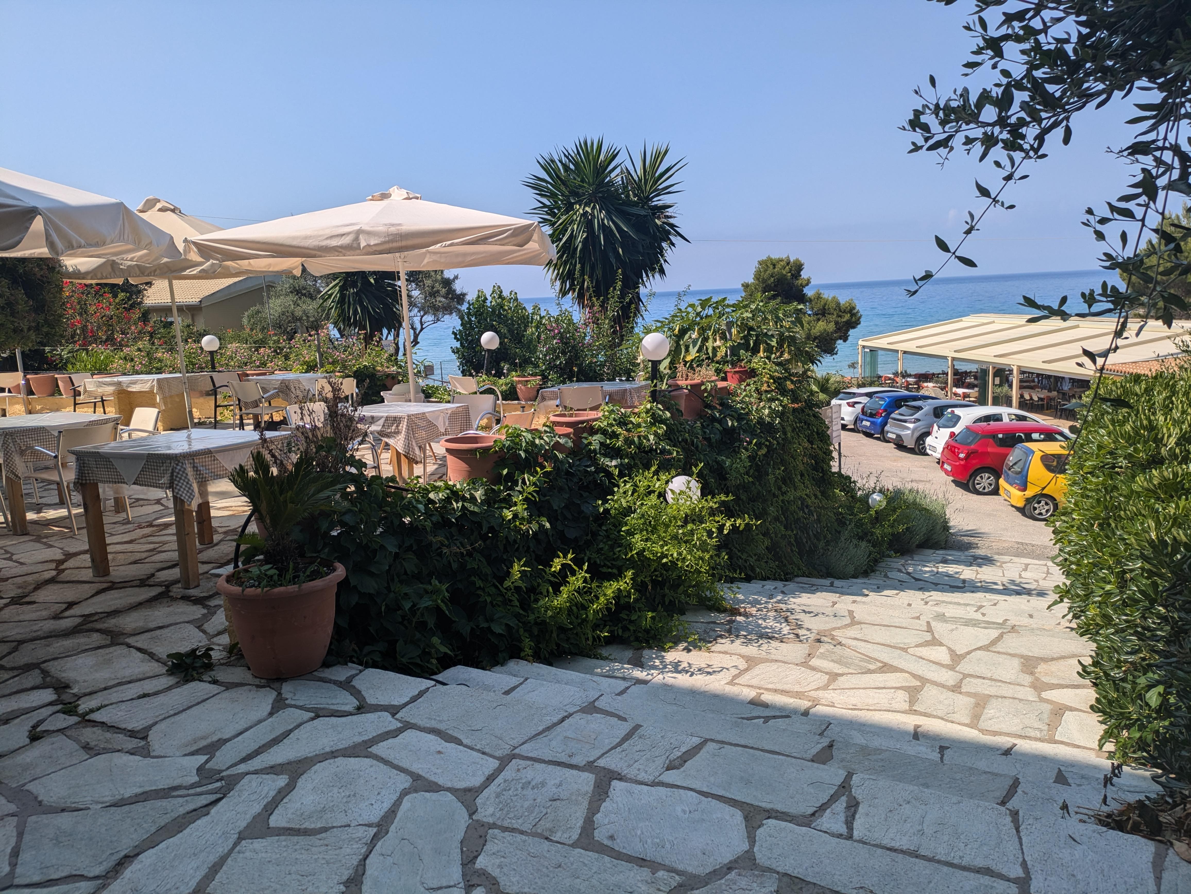 View of hotel patio from the front steps 