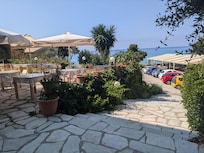 View of hotel patio from the front steps