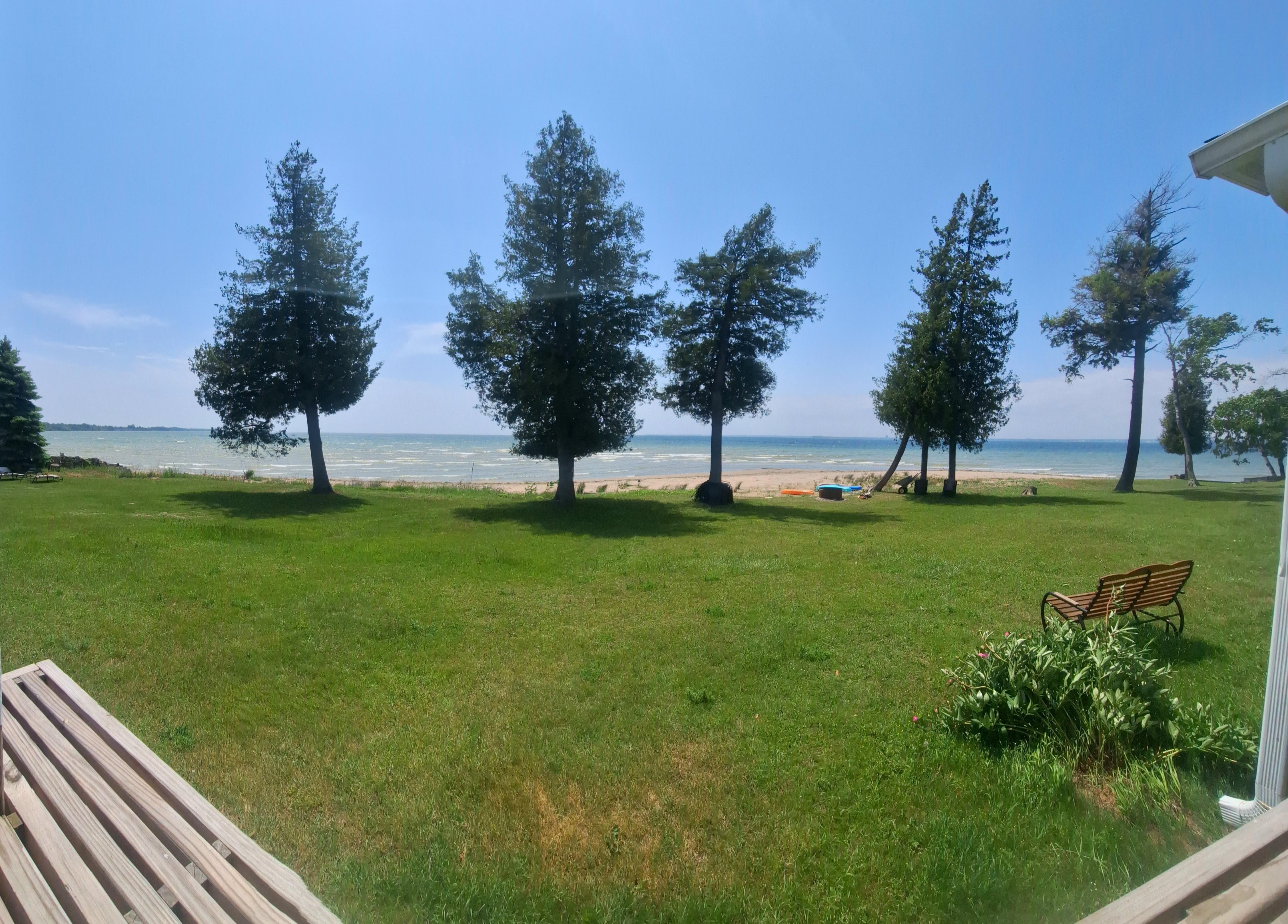 A view from the deck. Great deck for out for eating and games. It has covering from the sun.