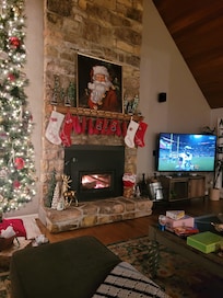We added our stockings to the four beautiful ones that already adorned the mantel