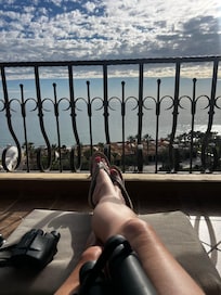 Whale watching from the balcony (we spent most of the day watching them that day).