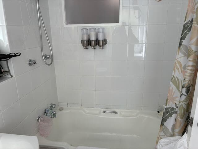 Shower over narrow and in parts mouldy bath. Nothing to hold onto. Toiletries unlabelled so don’t know which is which.