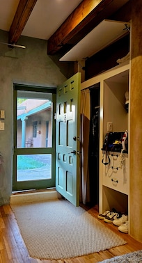 Looking out into private courtyard from inside the studio