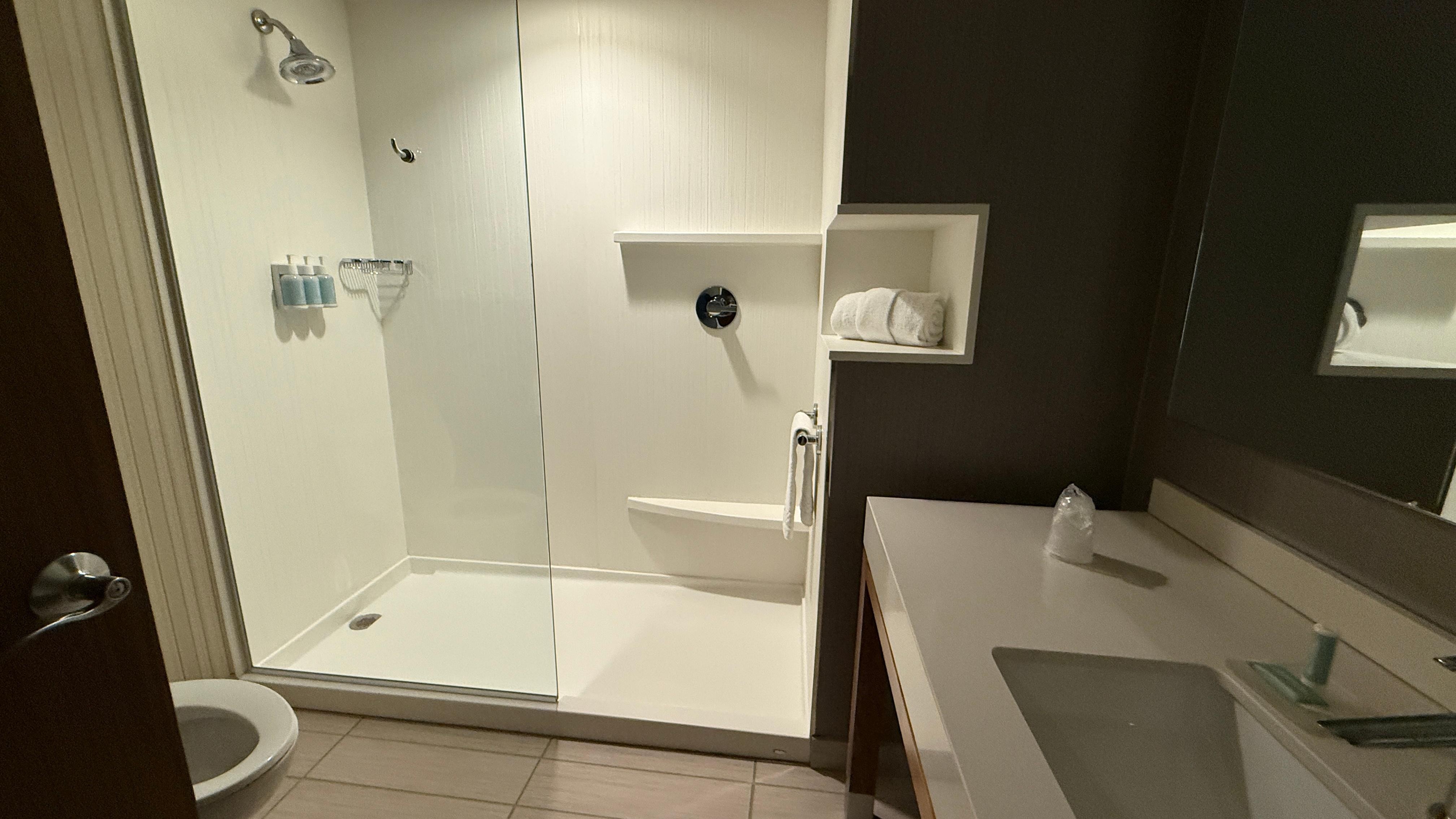 Huge walk-in shower and  great layout. No safety grab bars in the shower