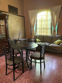 Dining area with large TV