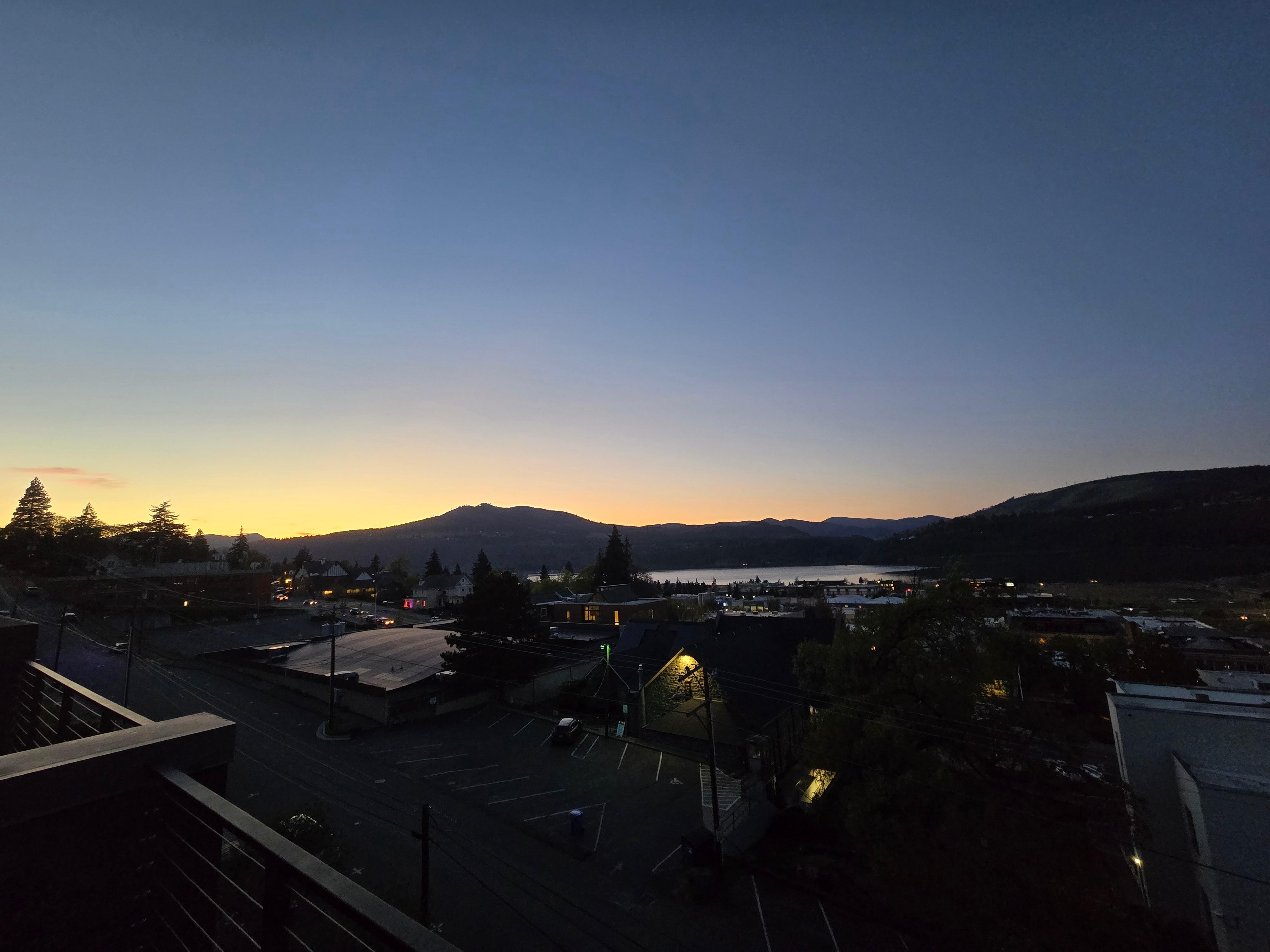 View out from top deck at sunset