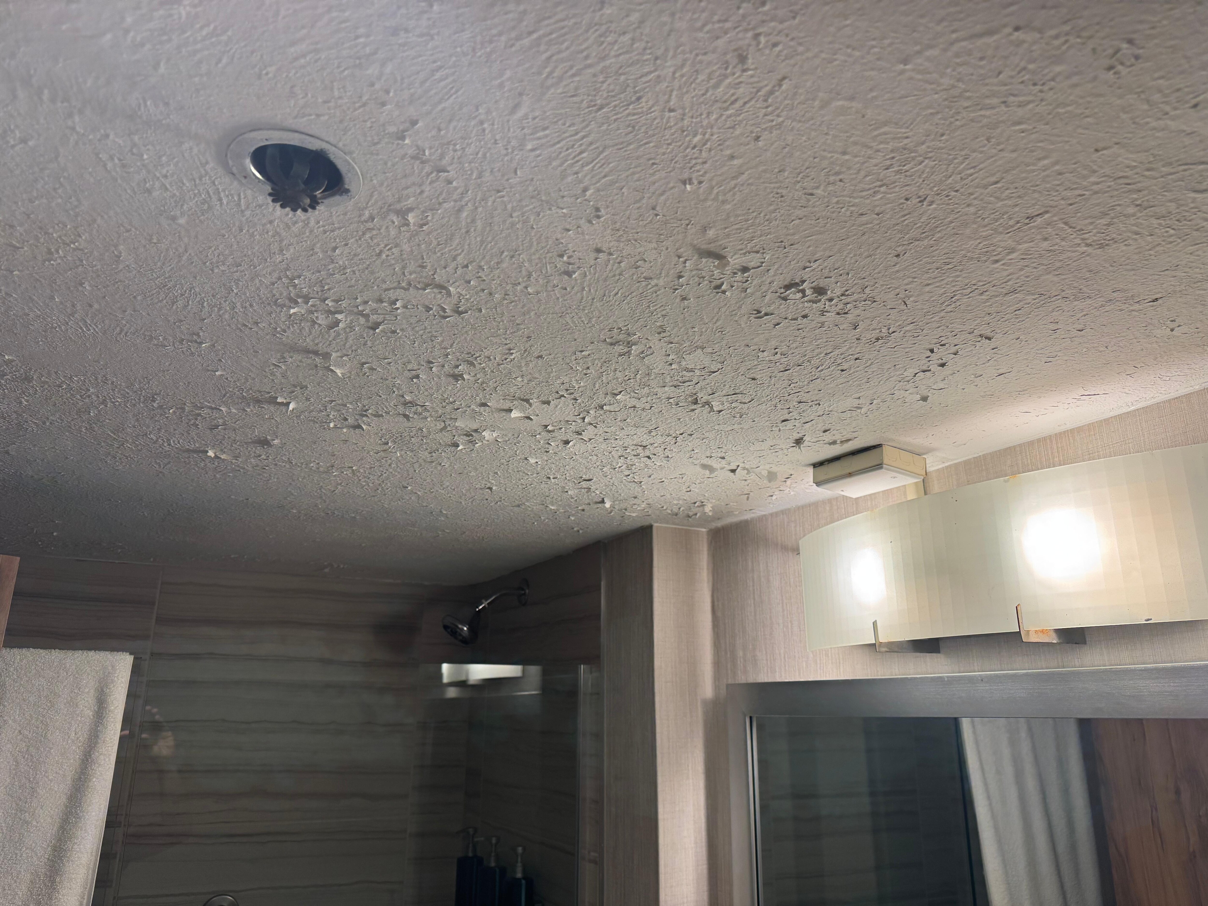 Bathroom ceiling with peeling paint.