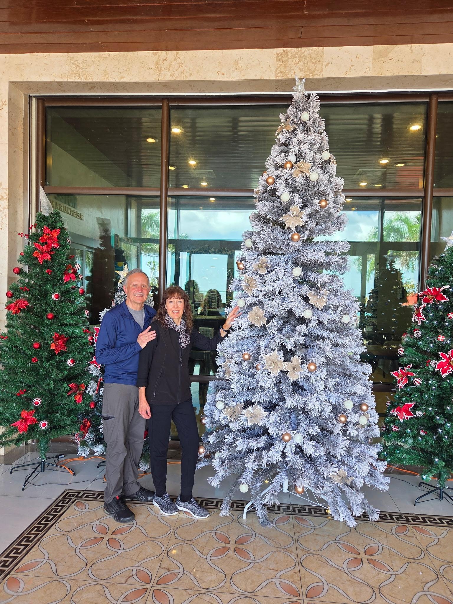 Hotel entrance decorated for the holidays.