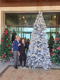 Hotel entrance decorated for the holidays.
