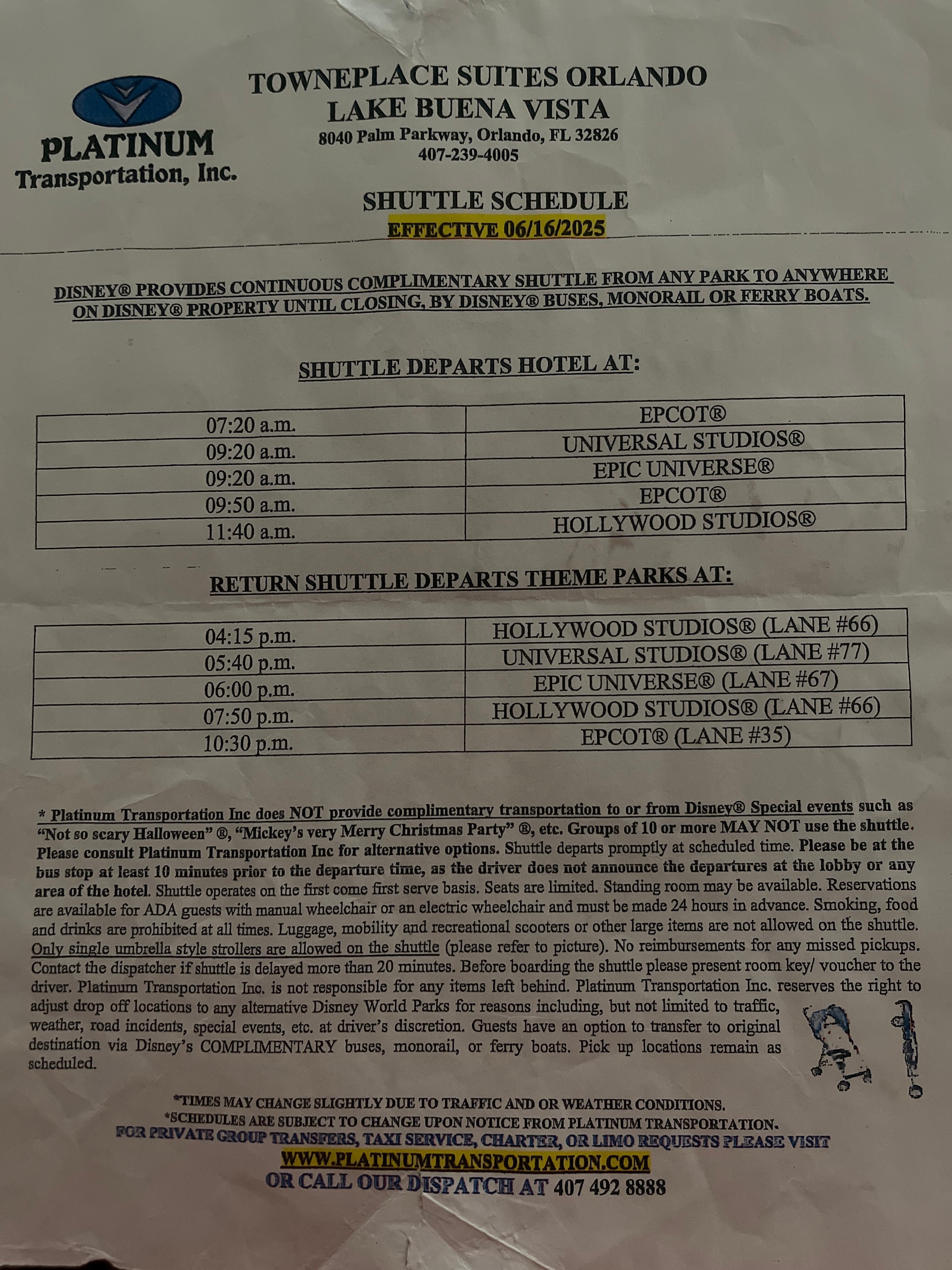 This is actual shuttle hours they don’t give you until you check in. Please note how the only return times from anything Universal are HOURS before park close. Also, they can and will drive by 10-15 minutes early and just keep going. 