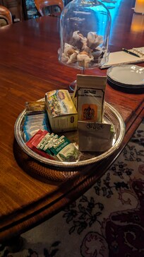 Multiple conplimentary tea, coffee, and treat trays