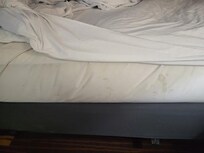Linens may have been washed, but if a stain can't get out, it needs to be thrown out. Plus everyone know the blanket is never washed, just put between two top sheets. We found the blanket directly on the fitted sheet, and the top sheet above it!