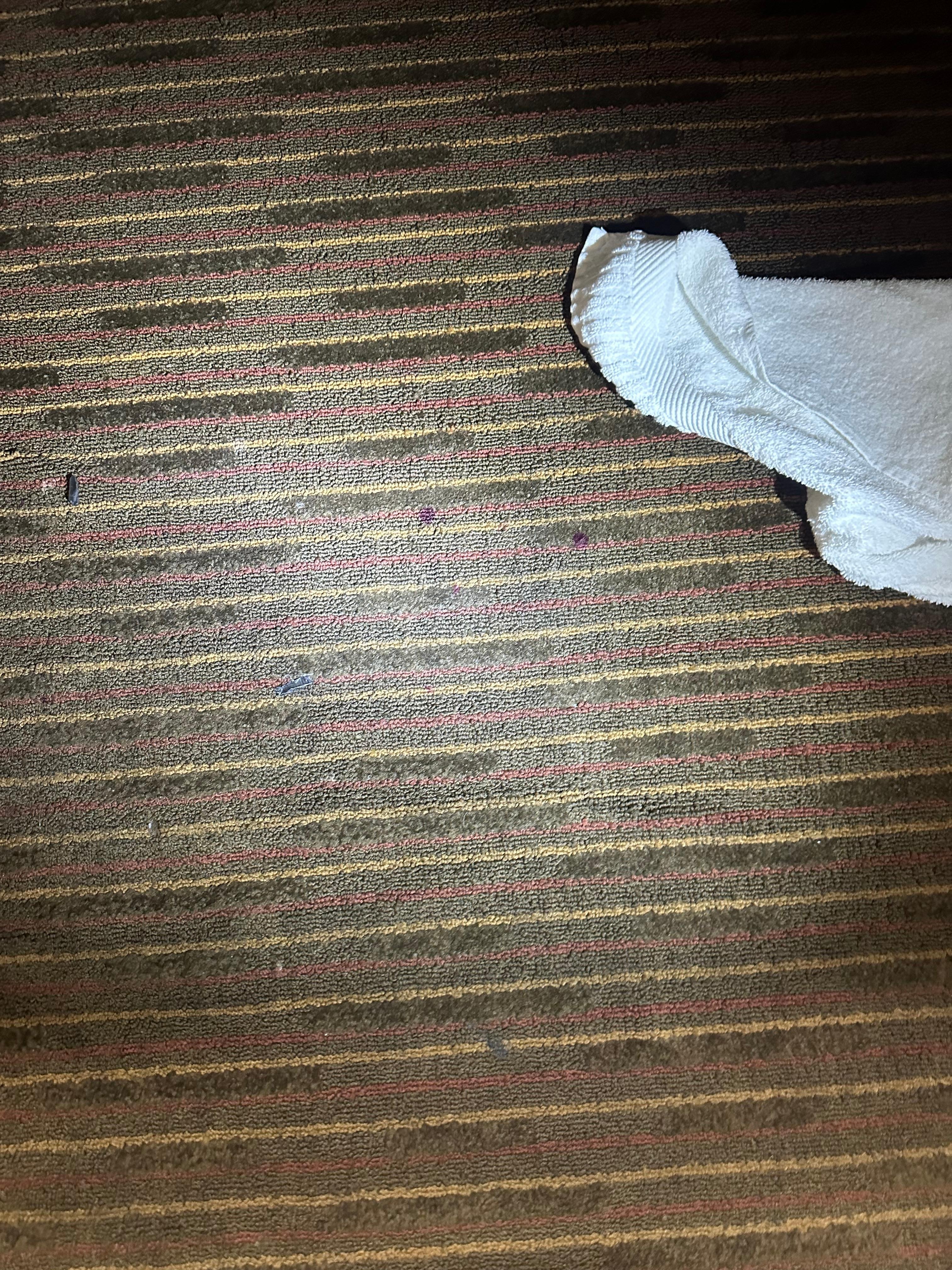 Spots of blood in front of the sink, which is in the bedroom