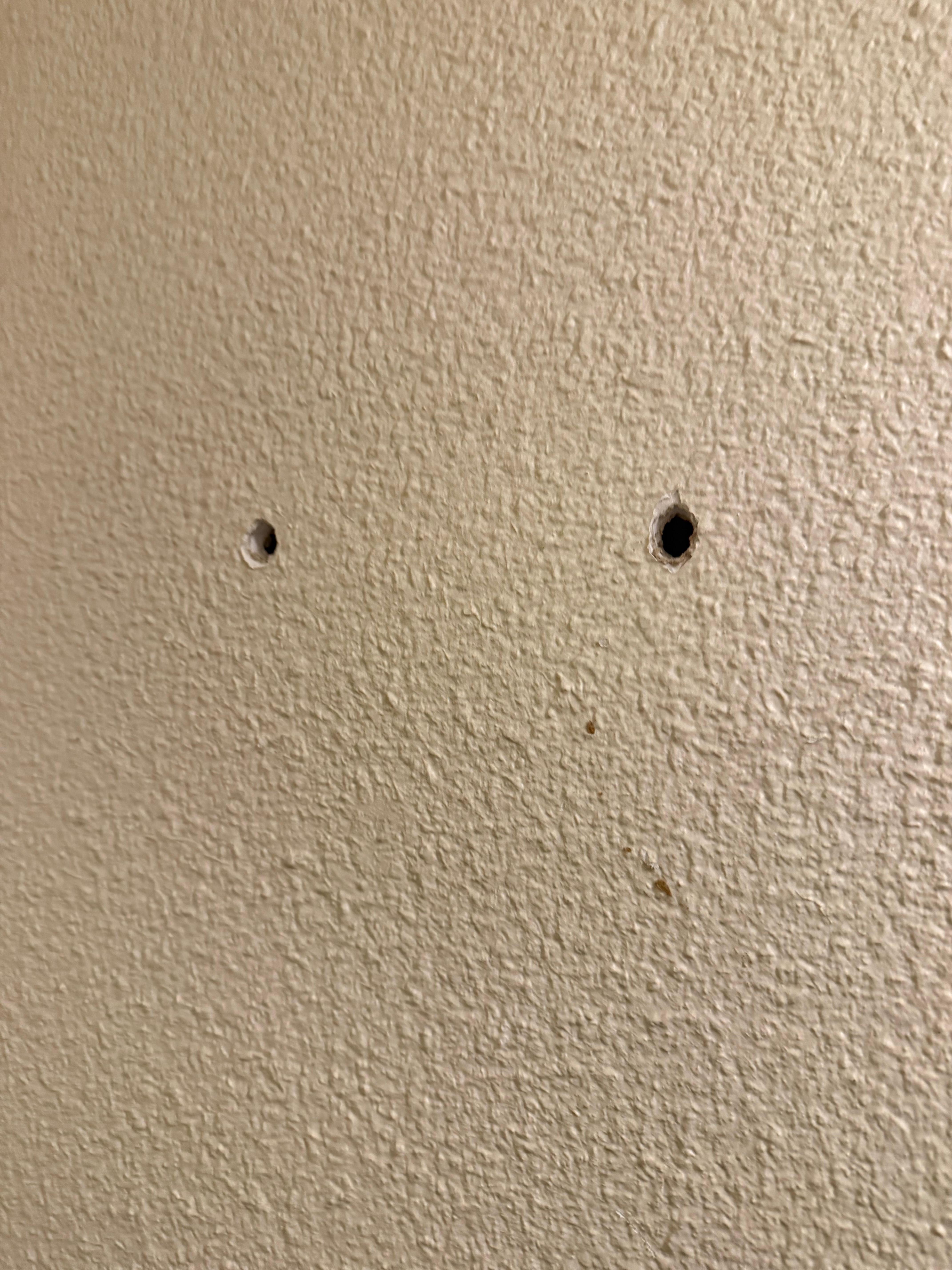 Holes in wall from previous tenant pictures being hung on wall.
