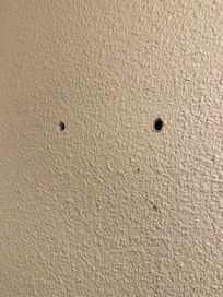 Holes in wall from previous tenant pictures being hung on wall.