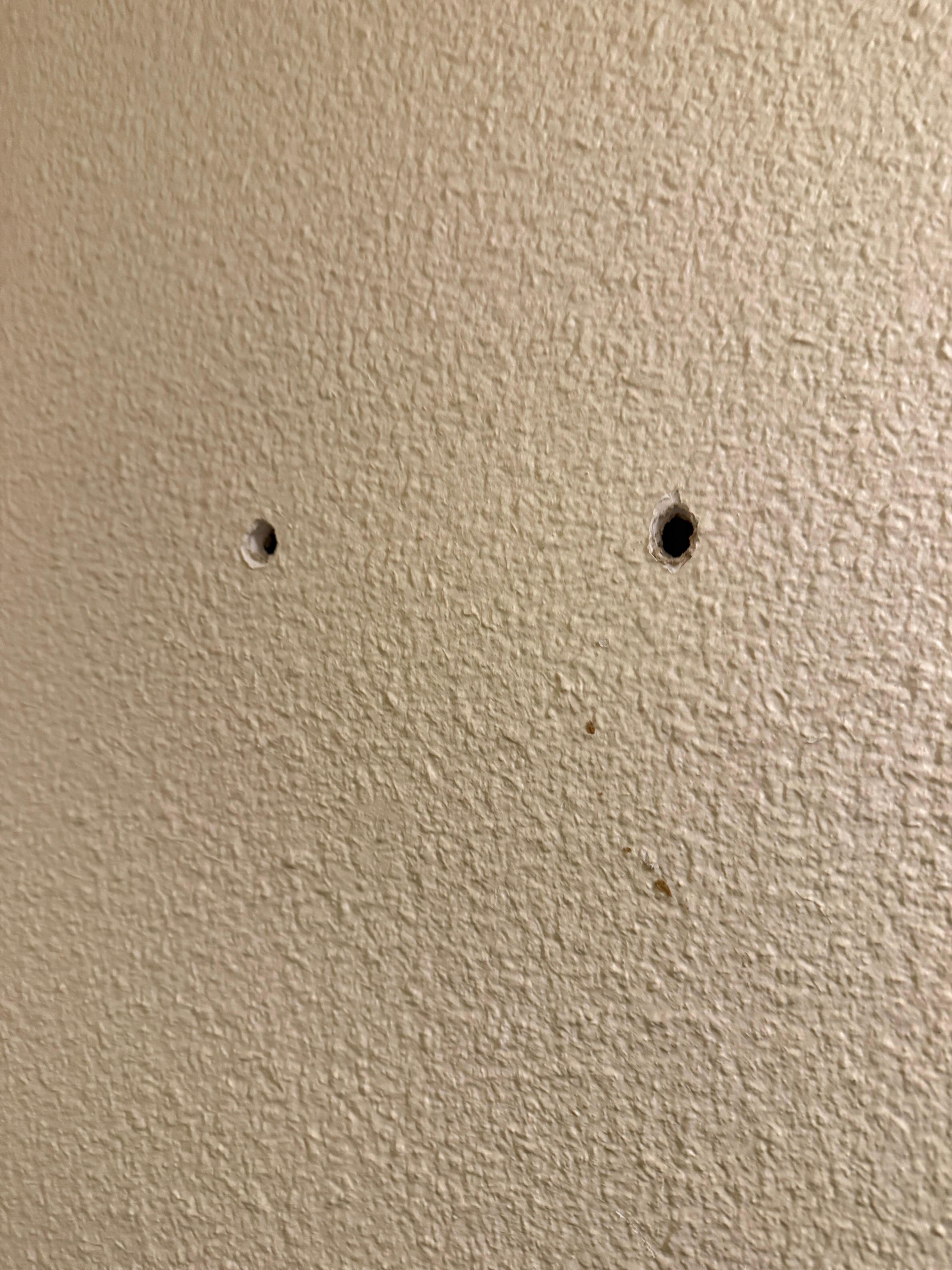 Holes in wall from previous tenant pictures being hung on wall. 