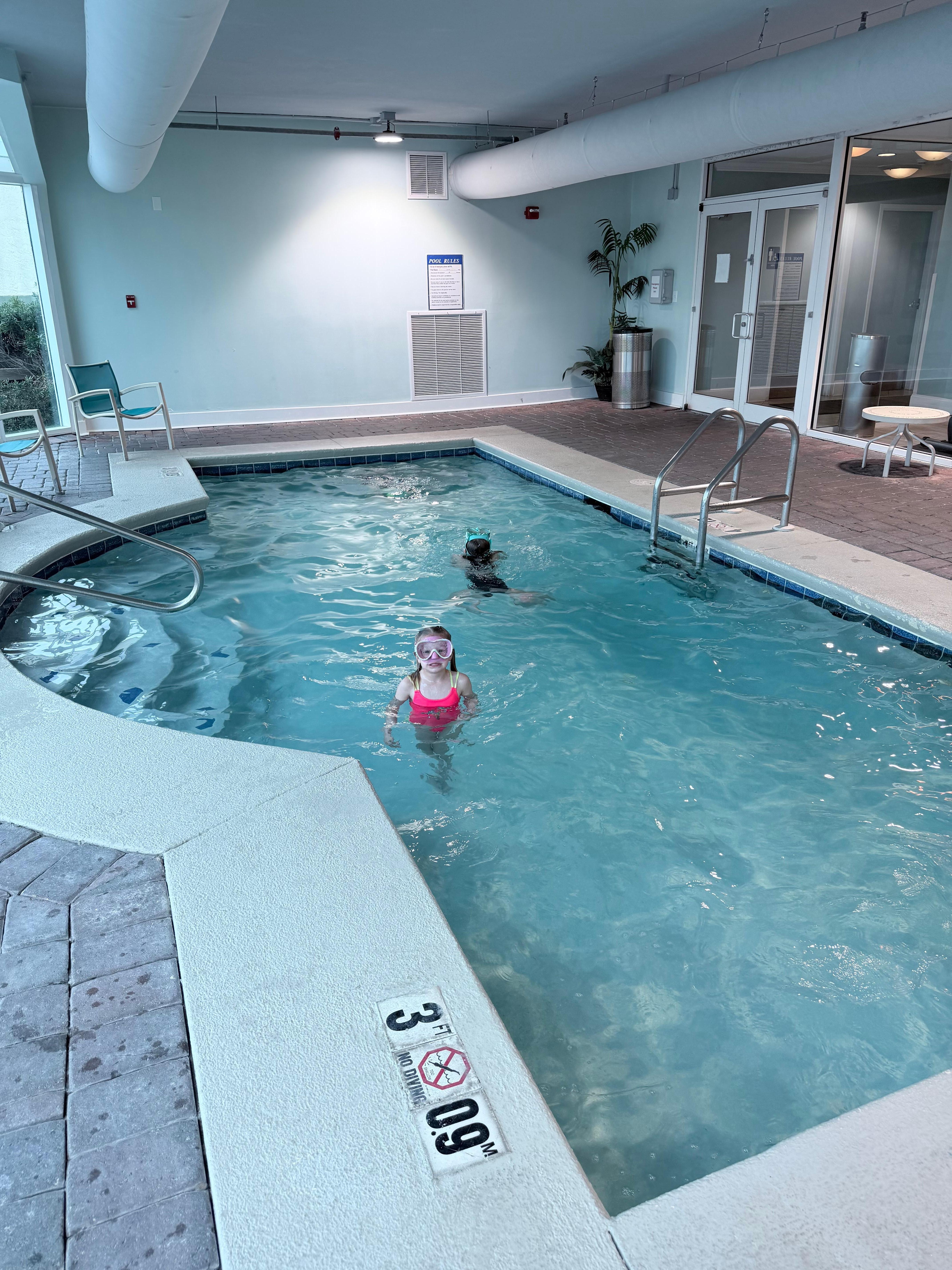 Indoor pool somewhat heated but not bath water and a bit small but great for rainy days. 