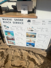 The beach amenities for a price of course, worth it and guests get a discount for umbrella and chairs