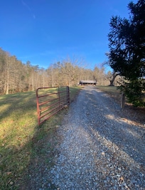 View of cabin from the bottom of driveway