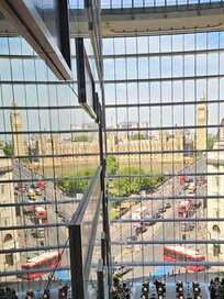 Looking out through atrium windows with mirrors on the left side gives interesting perspective.