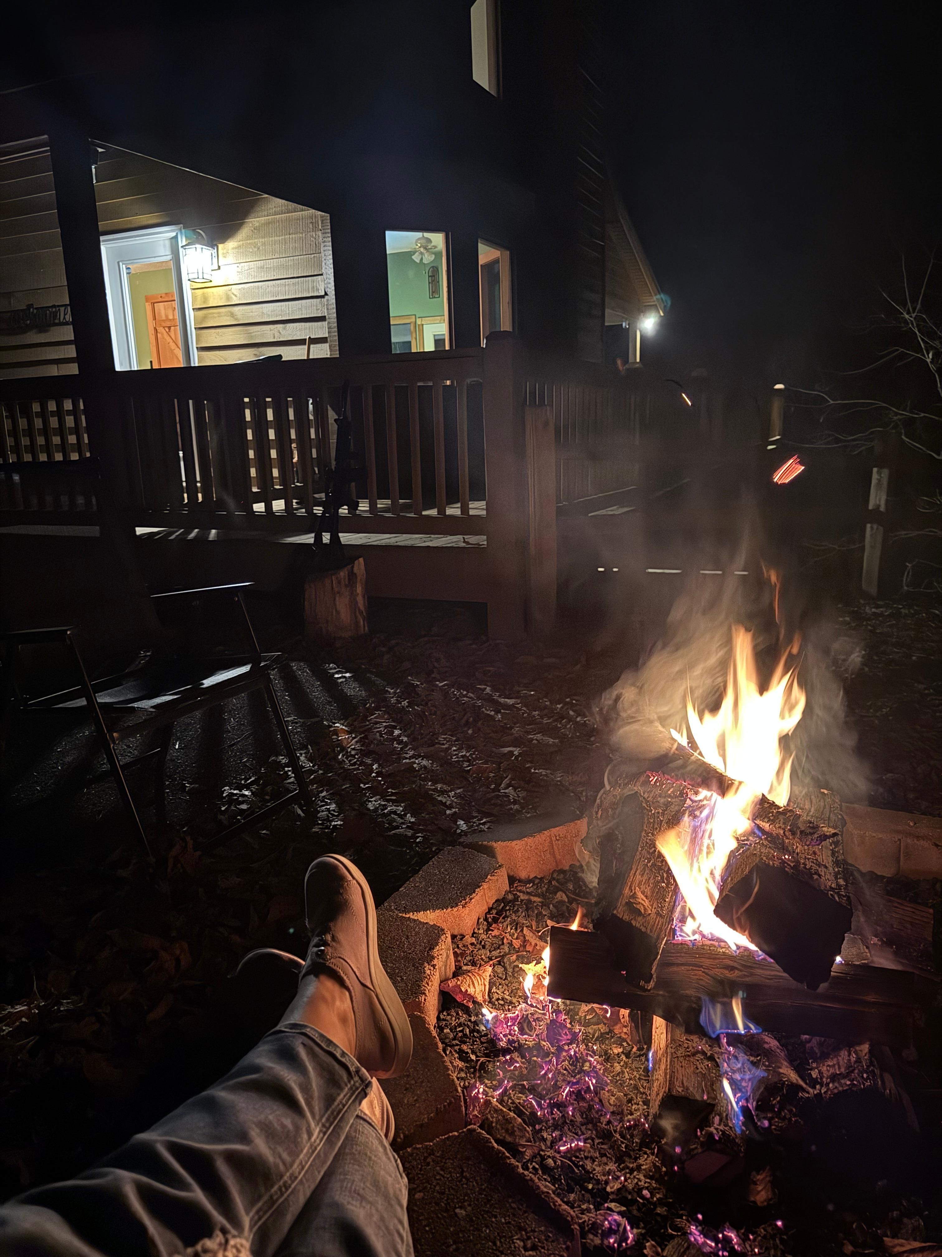 The fire pit looming toward the house.