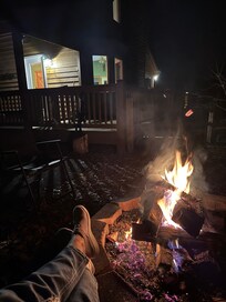 The fire pit looming toward the house.