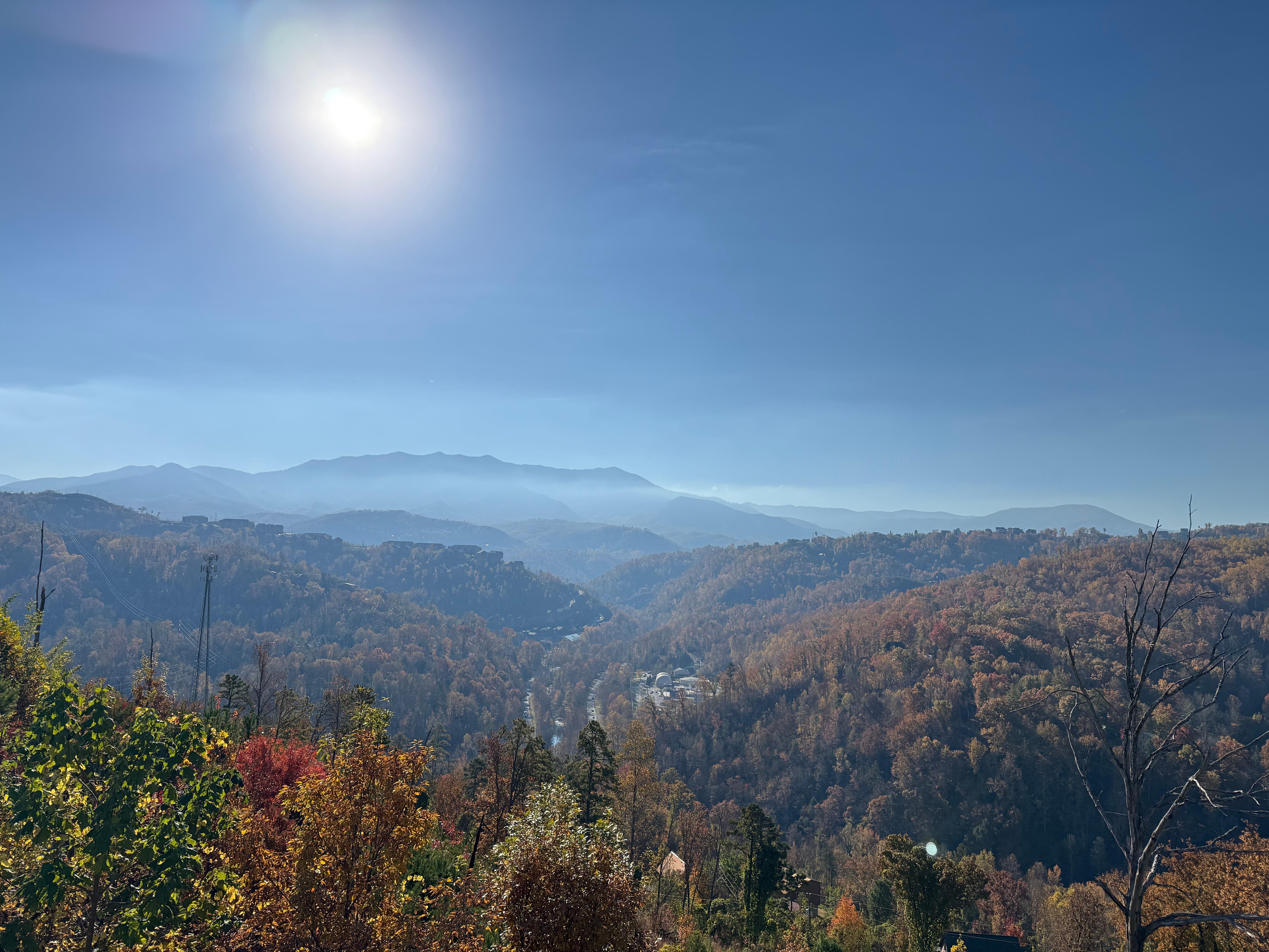 Beautiful view from back of deck looking at visitor center and the roads to and out of Gatlinburg. 