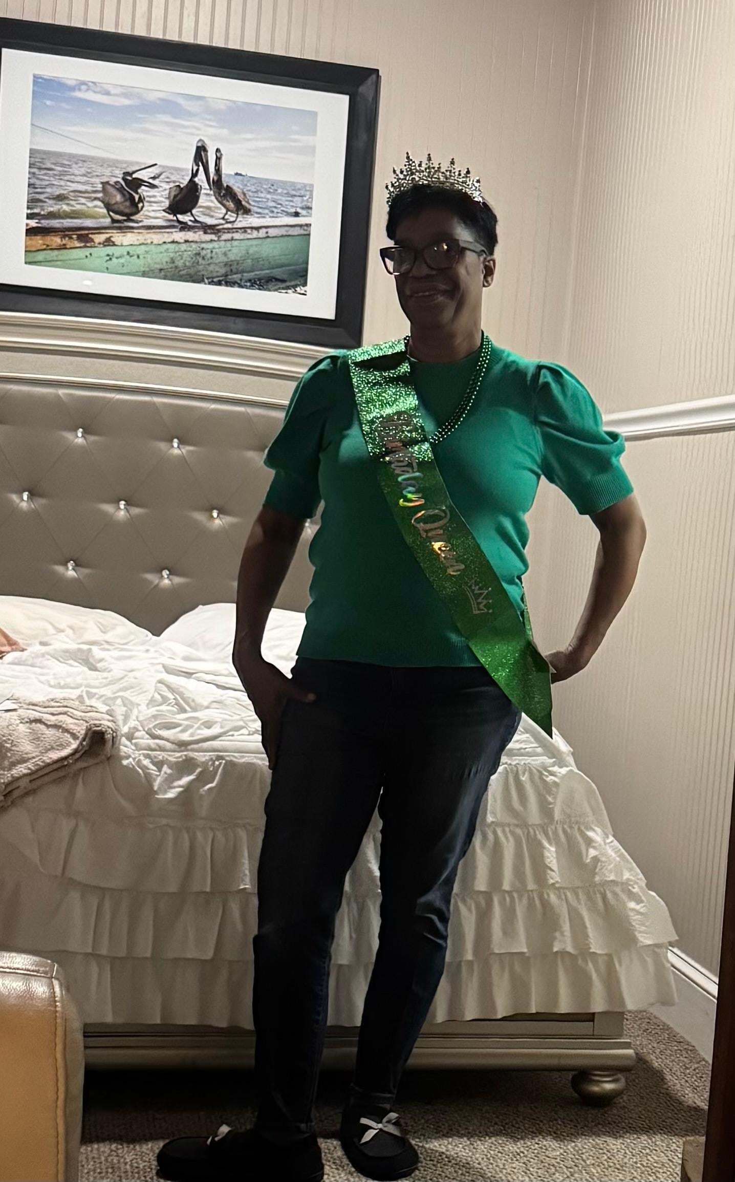 a picture of my play mom on her actual birthday of St. Patrick’s Day in our bed-and-breakfast room.