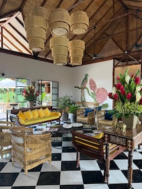 Adorable and vibrant check-in area
