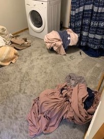 We opened the door to what we thought was a bedroom & instead found this room with wadded up linens in piles and what appeared to be boxes of wall decor. Odd this room wasn't locked/inaccessible since other doors were.