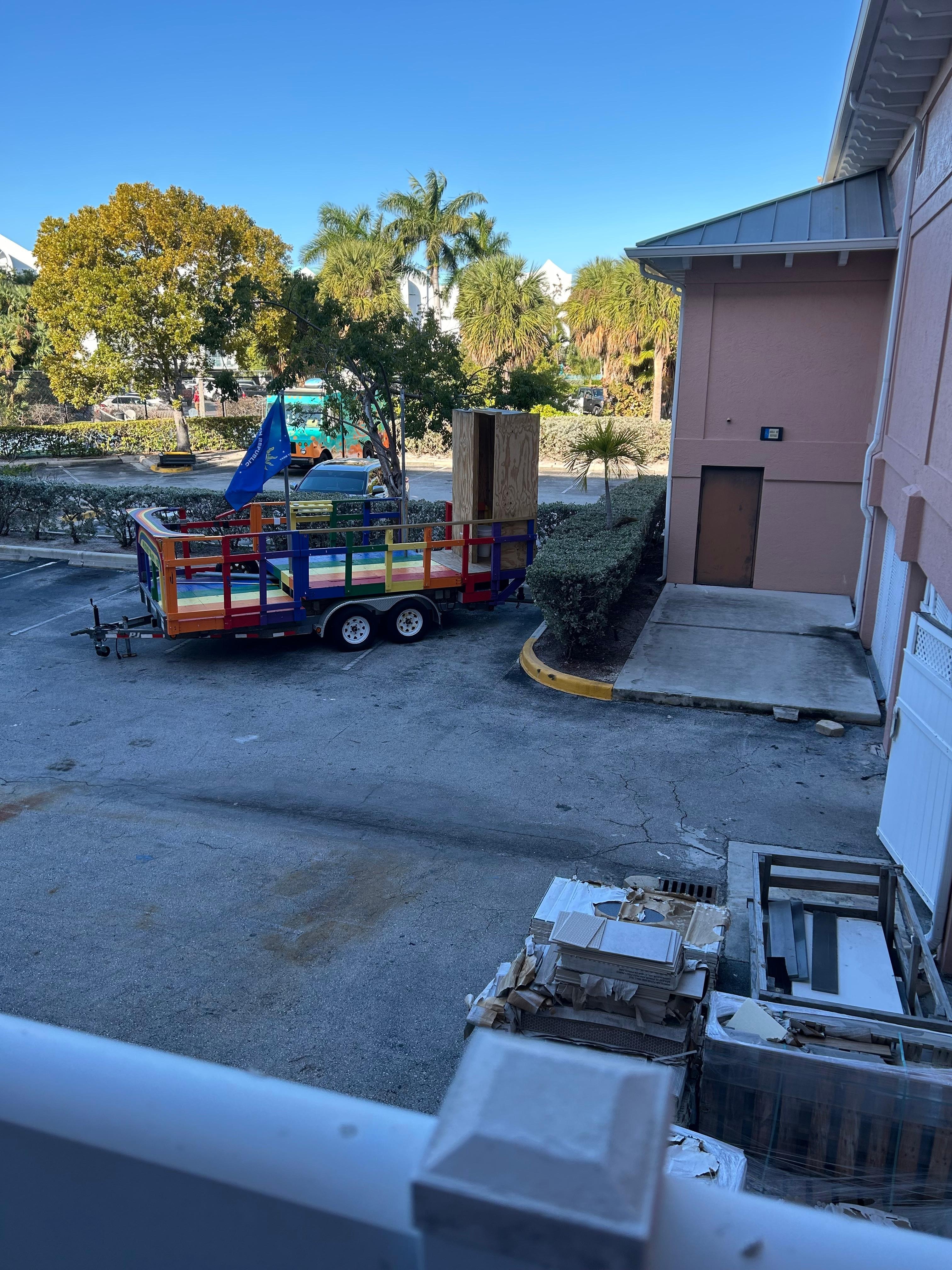 I was very disappointed with the view outside of my room. The parade float has an outhouse with the toilet visible. It was also a storage area for construction materials.
