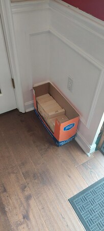 Building materials in dining room.