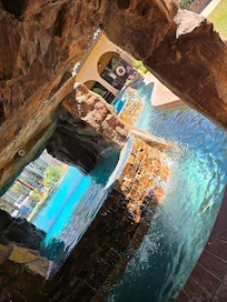 Inside the grotto are the pool/spa/light controls but the best is a full circle seating area behind the waterfall. Swim in and take a break from the sun ;)