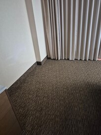 More dingy wallpaper and a perfect place for a chair but just ugly carpet instead.
