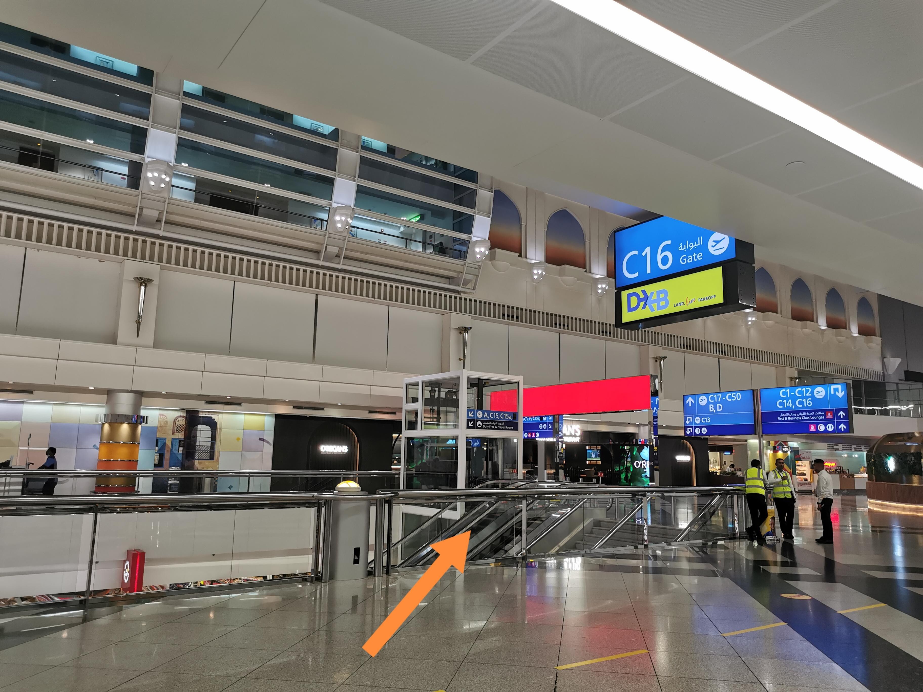 After checking in at the reception, turn around to C16, turn left and go downstairs to the duty free shop area. 