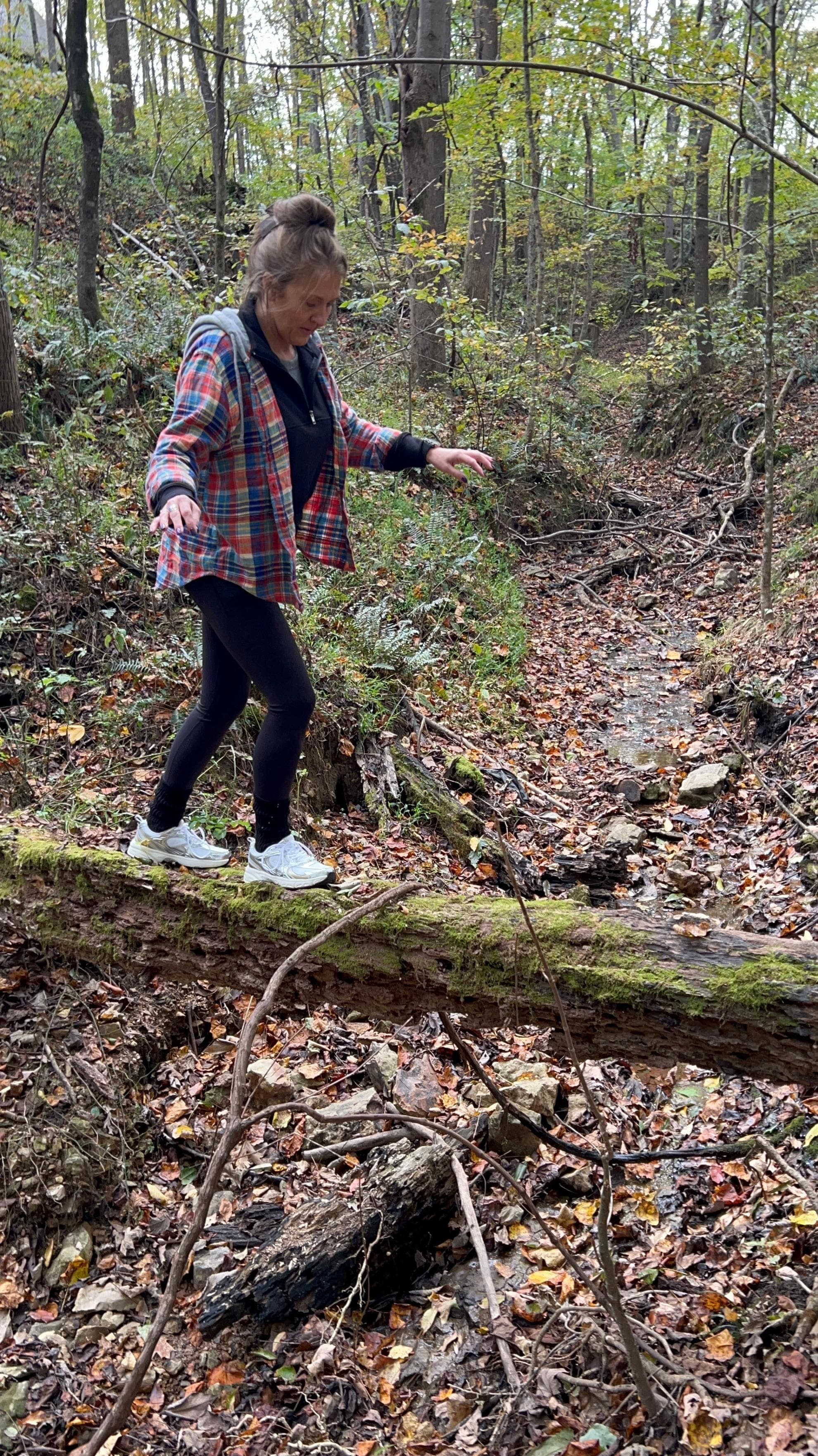 Crossing the creek at the bottom of the hill outside the cabin 