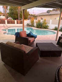 Back yard, so relaxing and the pool is wonderful.