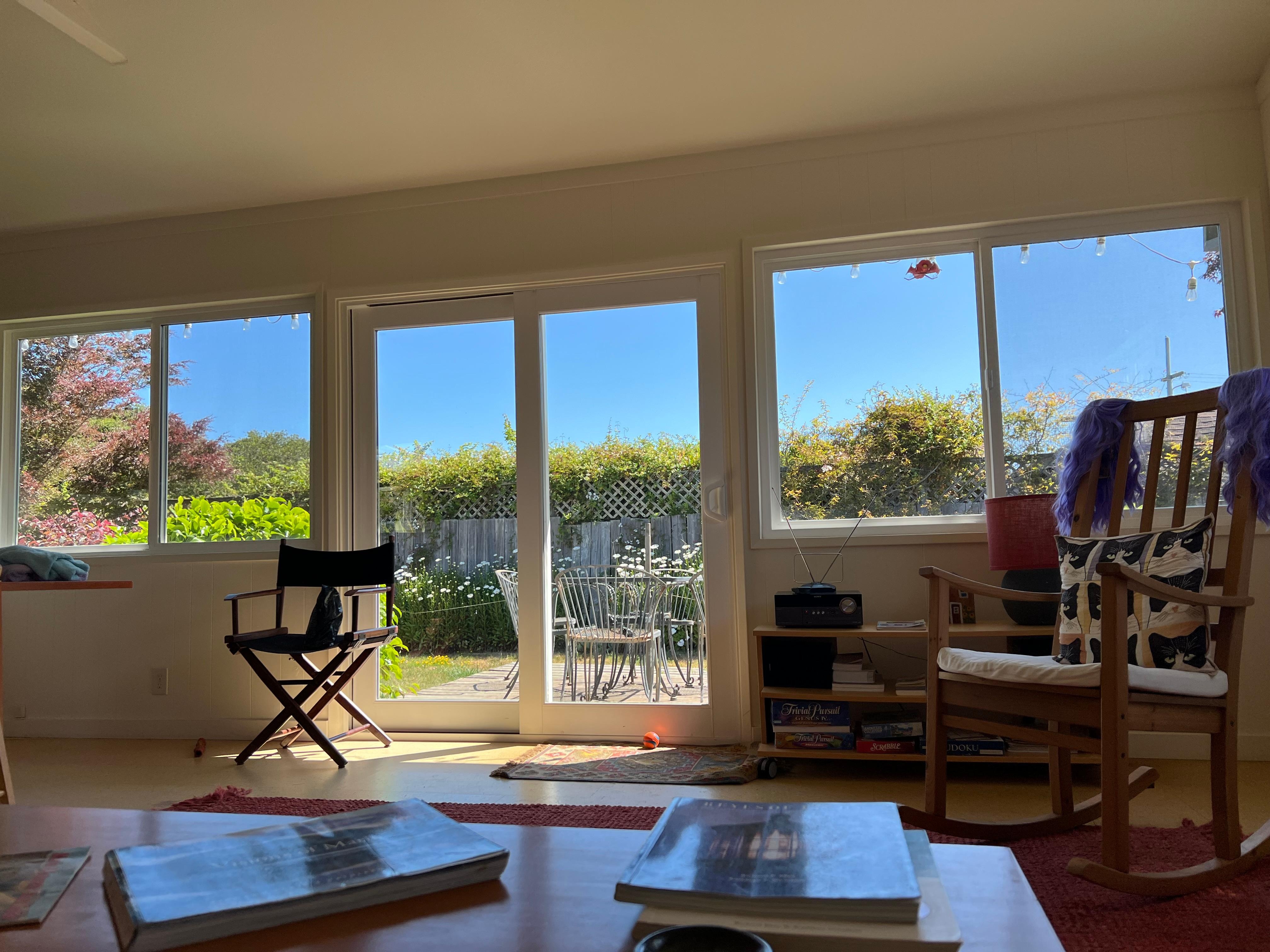 View from the couch, looking out to the backyard