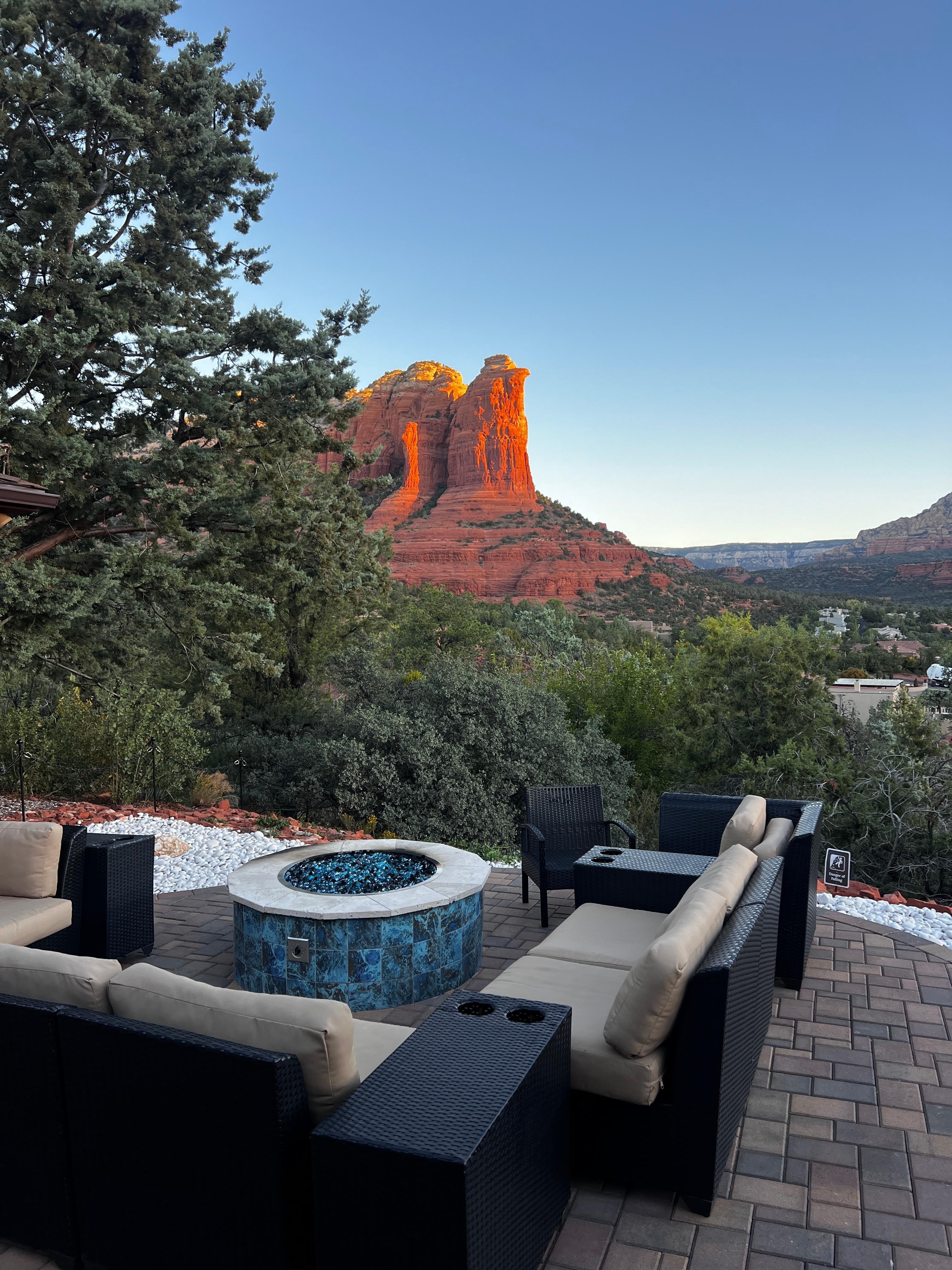 View from back patio with firepit