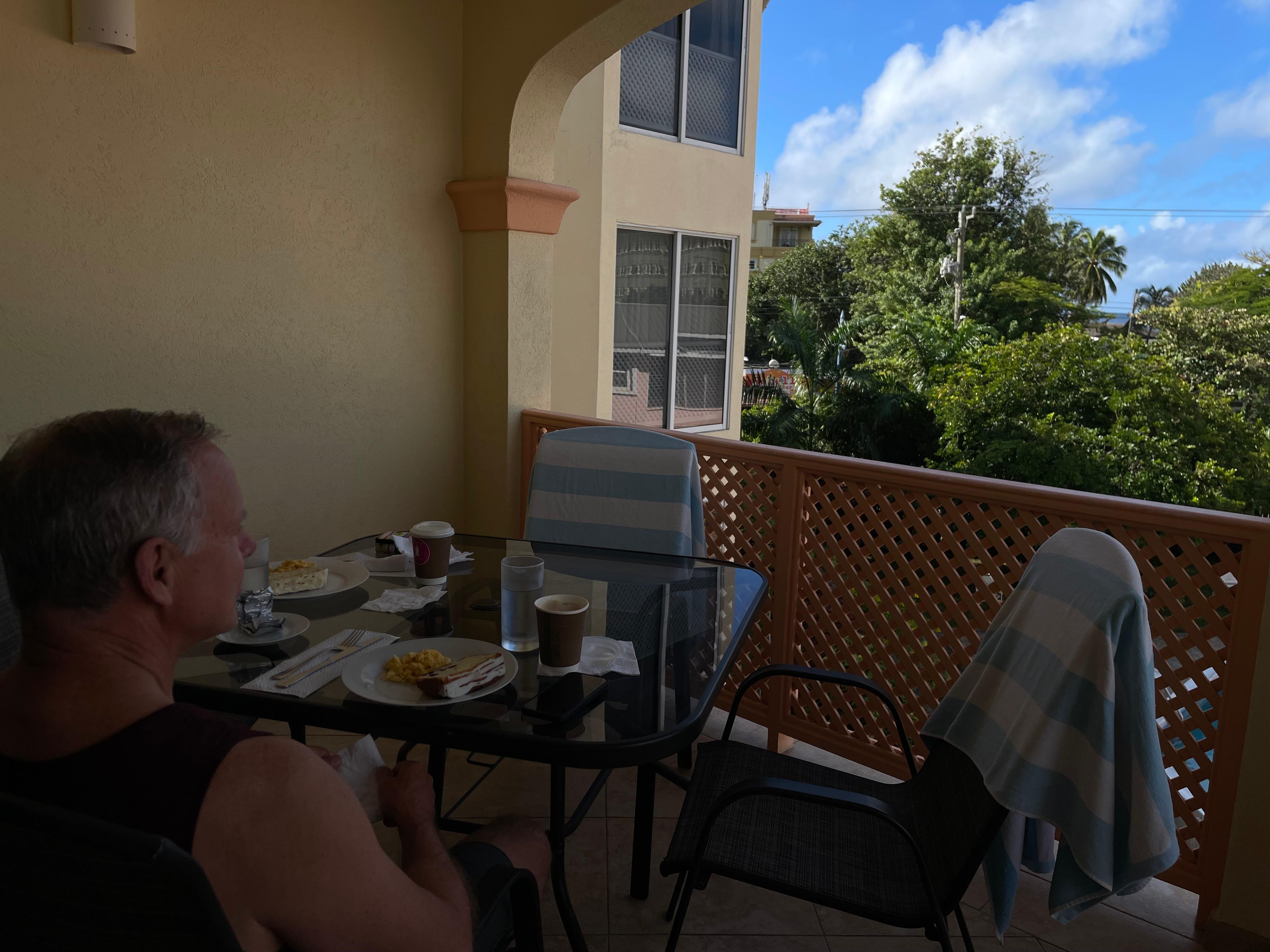 View of the ocean, beyond the trees.
Enjoyed breakfast each morning out on the balcony.